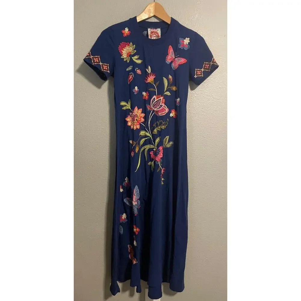 Johnny Was Gracey Crew Neck Swing Dress Womens XXS Embroidered Floral Butterfly - Picture 1 of 10